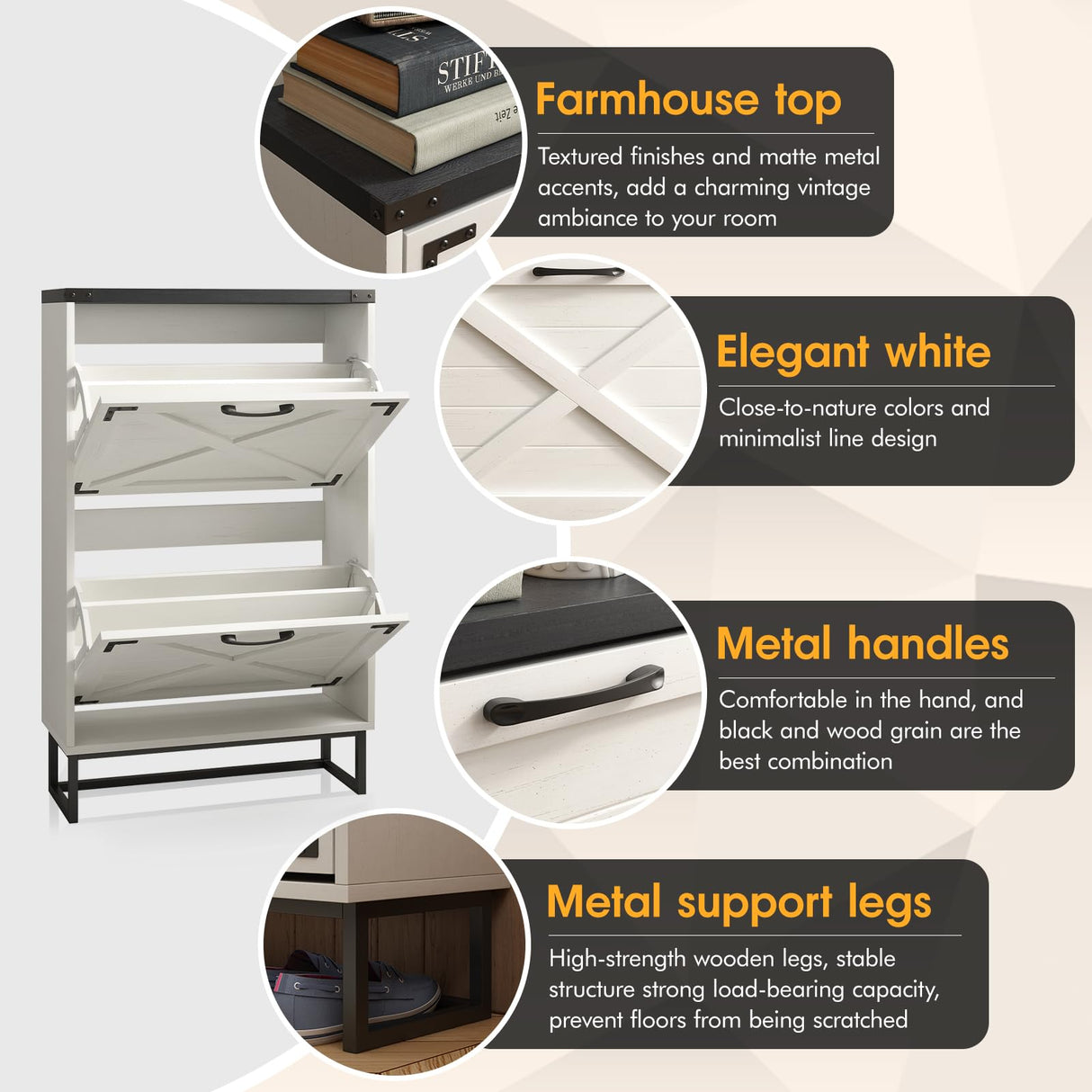 Maupvit 24" W Farmhouse Shoe Cabinet Storage for Entryway, Freestanding Organizer with 2 Flip Drawers, Narrow Shoe Rack Cabinet with Metal Corner Decoration, White Maupvit