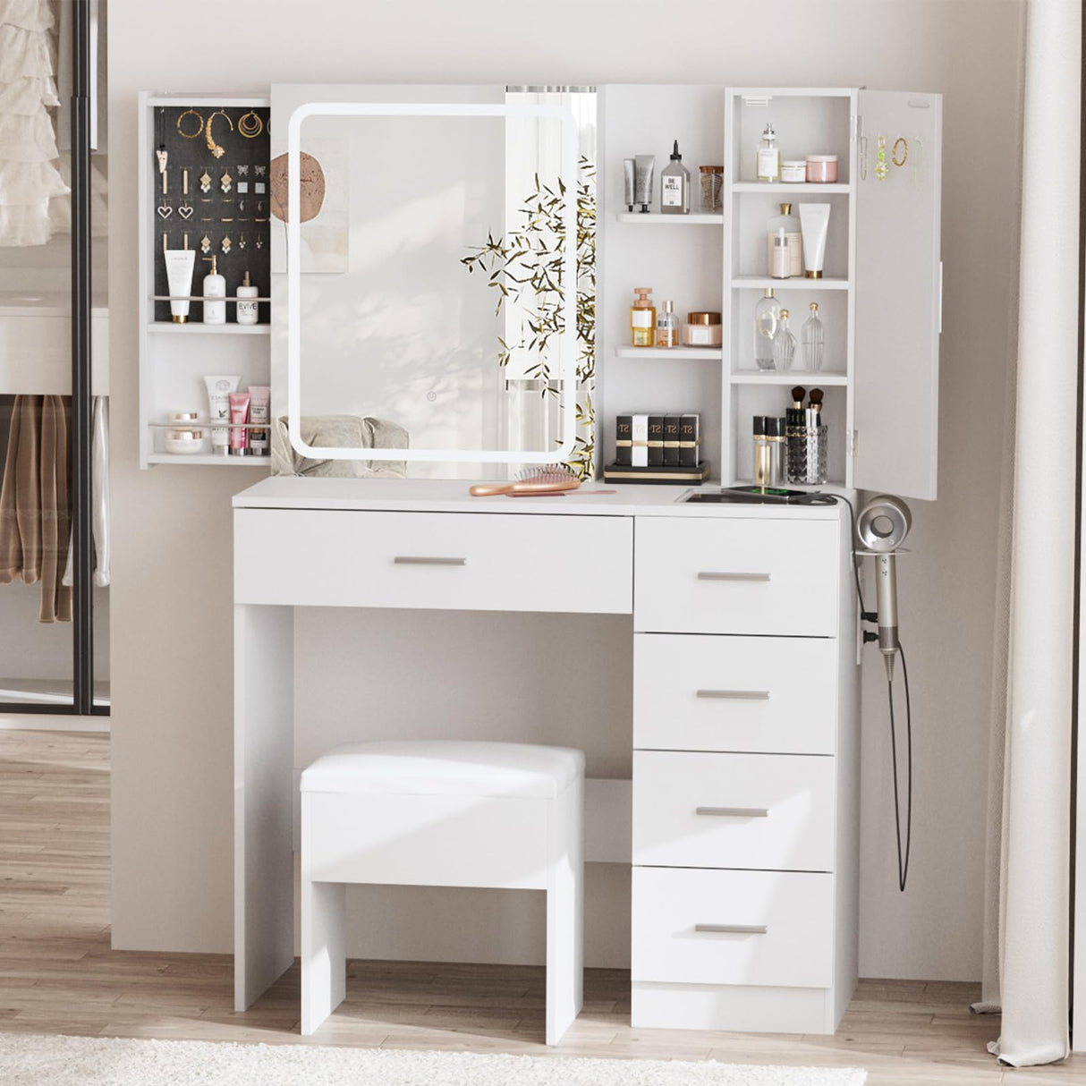 Fameill White Vanity Desk with Mirror and Lights,Makeup Vanity Table Set with Power Strip and Sliding Locker,Visual Drawer Makeup Desk with 5 Drawers&Shelves&Cabinet,3 Lighting Modes Fameill