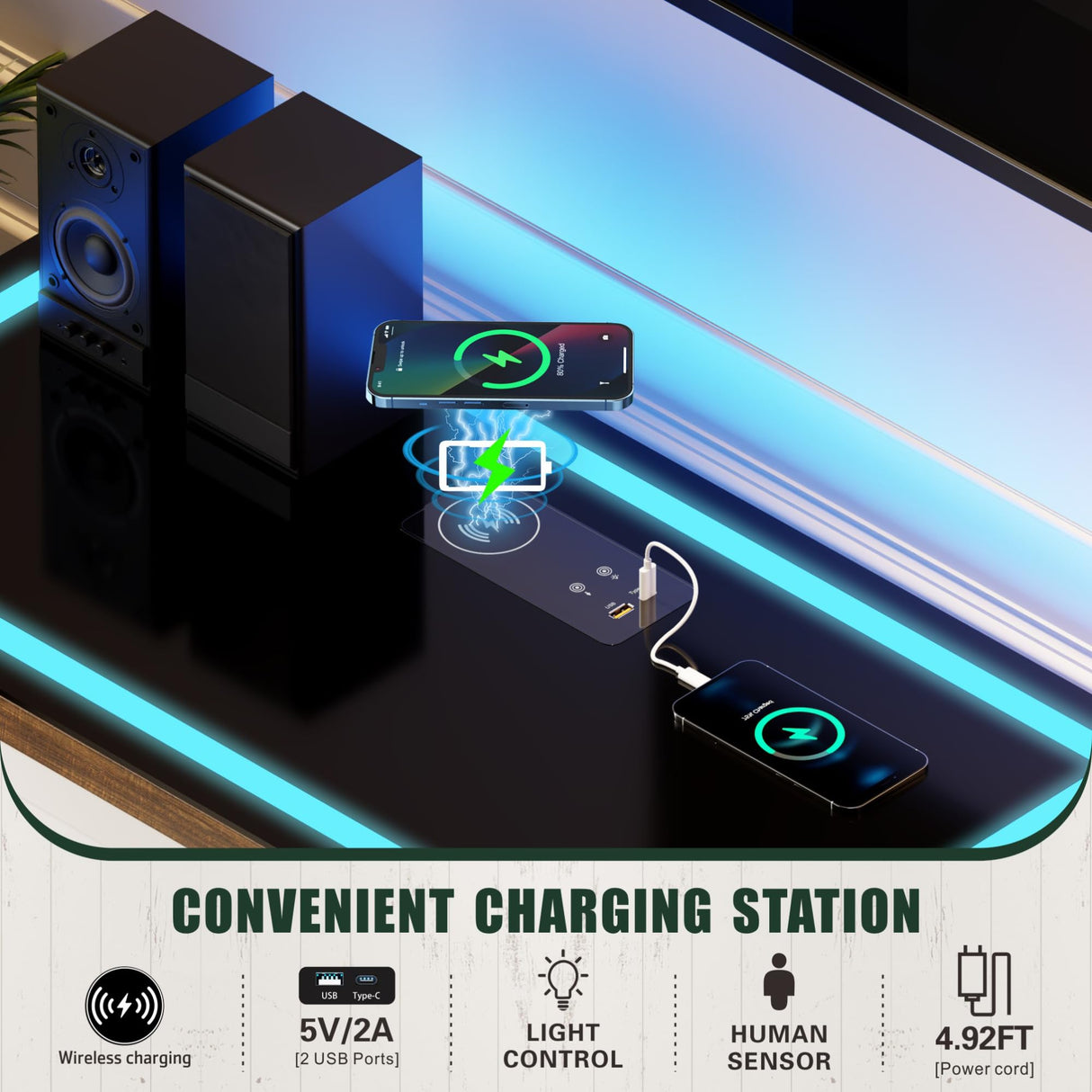 Farmhouse LED Storage Cabinet With Glass TOP,Smart Buffet Sideboard Cabinet with Charging Station,Standing Coffee Bar Cabinet With 2 Doors &Drawer for Bathroom,Kitchen,Living Room,Bedroom,White FREDEES