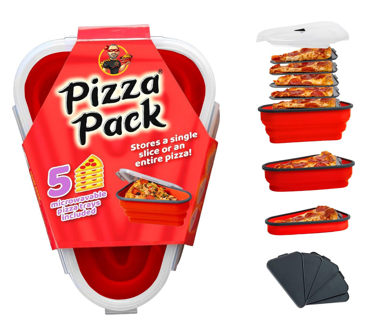 The Perfect Pizza Pack™ - Reusable Pizza Storage Container with 5 Microwavable Serving Trays - BPA-Free Adjustable Pizza Slice Container to Organize & Save Space, Red PIZZA PACK