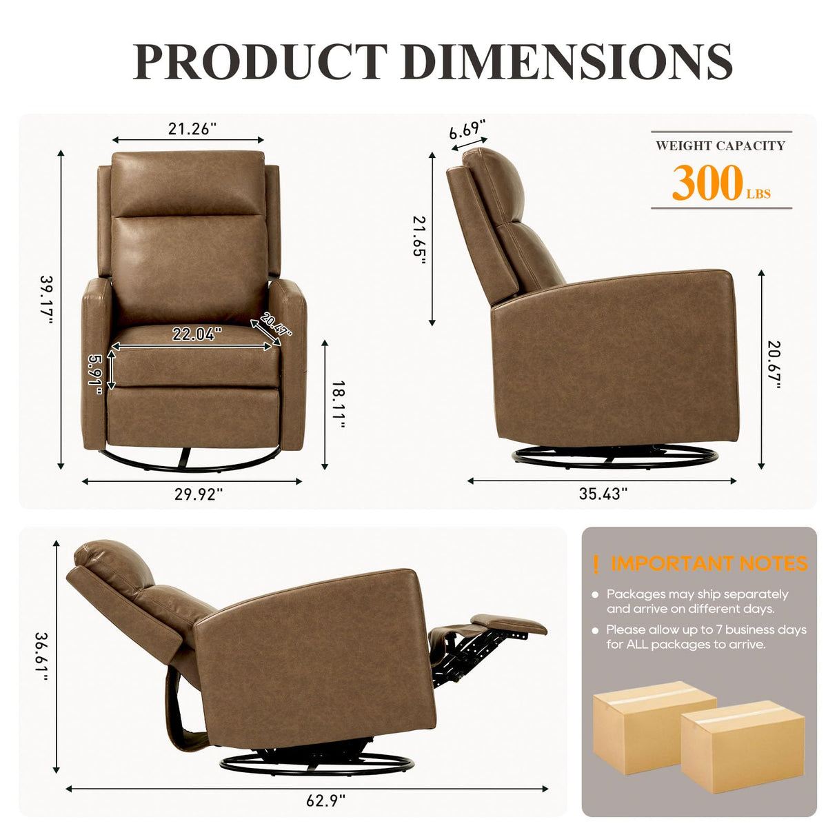 COLAMY Recliner Chair, PU Leather 360° Swivel Rocker Recliner, Nursery Glider Recliner with Ergonomic High Backrest and Upholstered Deep Seat for Living Room, Bedroom, Color Brown COLAMY