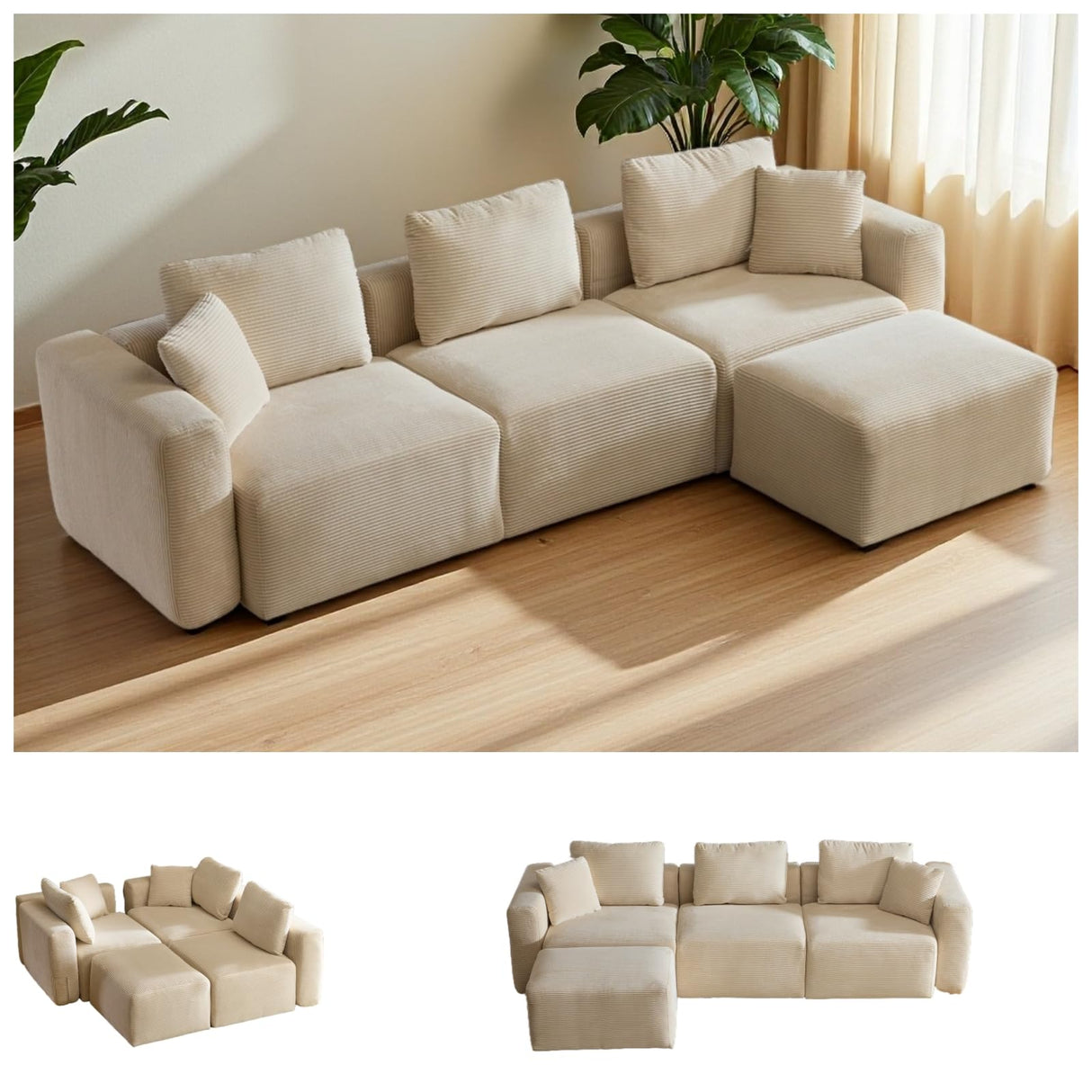 VINGLI 112.2“ Convertible Corduroy Cloud Sectional Couches with Movable Ottoman, L-Shaped Boneless Couches for Living Room with Deep Seat, 3 Seater Modular Spineless Sofa, No Assembly Required, Cream VINGLI