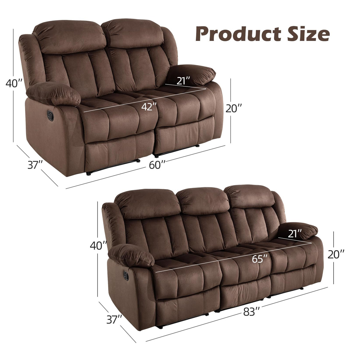 INZOY Manual Reclining Sofa Set, Included Wall-Hugger 2 Seat Recliner Loveseat and Wall-Hugger 3 Seat Recliner Sofa Coach, Modern 3 Reclining Sofa Couch for Living Room Furniture, Brown, 2+3 INZOY