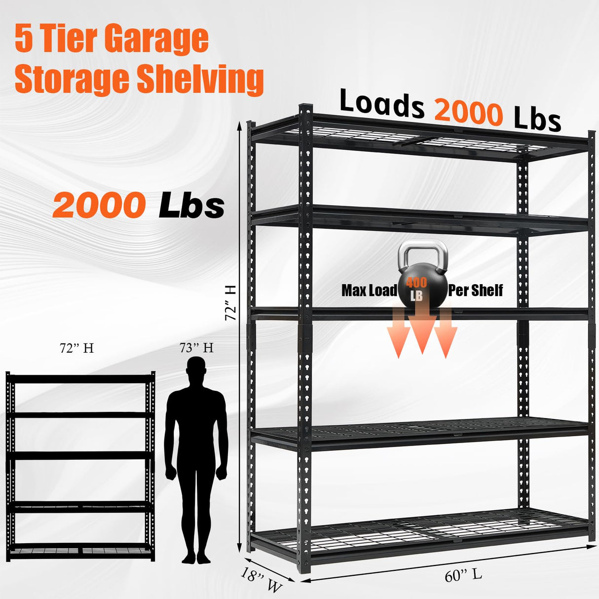 Heavy Duty Garage Shelving Units,5-Tier Adjustable Storage Shelves,60 in L x 24 in W x 72 in H,Loads 2000 LBSS,Adjustable Garage Storage Shelving, Metal Storage Utility Rack Shelf Unit Garvee
