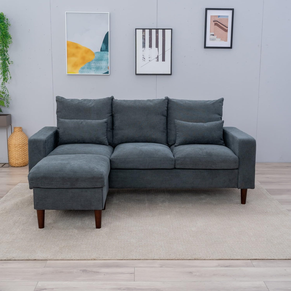 Panana Sectional Sofa Modern Deep 3-Seat Sofa Couch with Ottoman, Upholstered Furniture for Living Room, Apartment, Studio, Office (Grey Linen, Track Arms) Panana