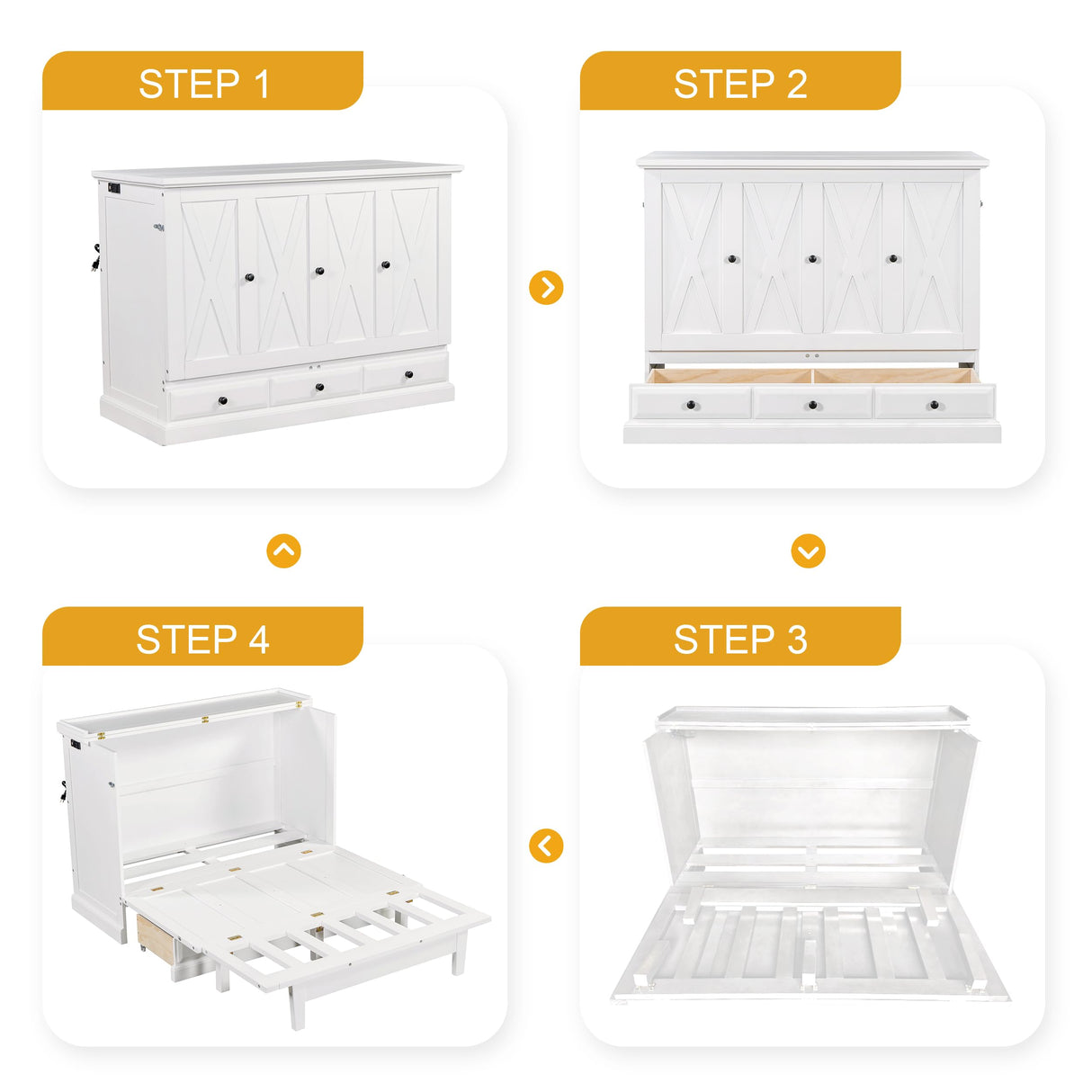 Harper & Bright Designs Full Size Murphy Bed, Solid Pine Wood Farmhouse Full Murphy Bed Frame Chest Cube Cabinet with Charging Station and Large Drawer for Home Office or Small Room, White Harper & Bright Designs