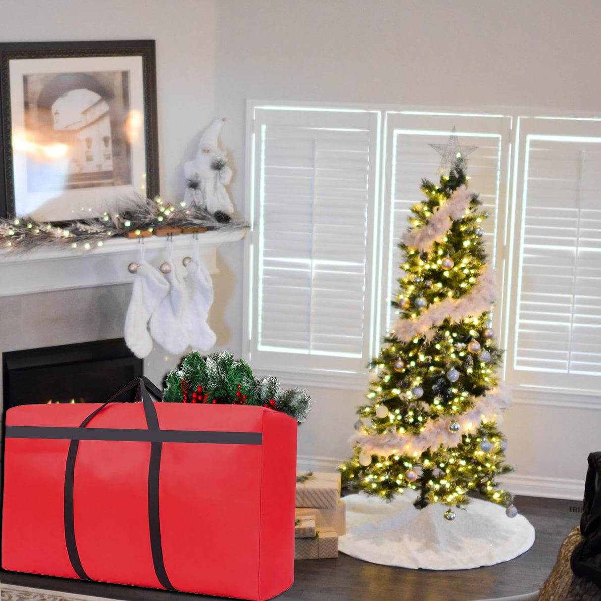 HikooLSS Small Christmas Tree Storage Bag 4Ft/5Ft Heavy Duty Reusable 600D Oxford Fabric Waterproof Dustproof Xmas Tree Bag/Container/Holder for Short Artificial Christmas Tree(39" X 12" X 24") Red HikooLSS