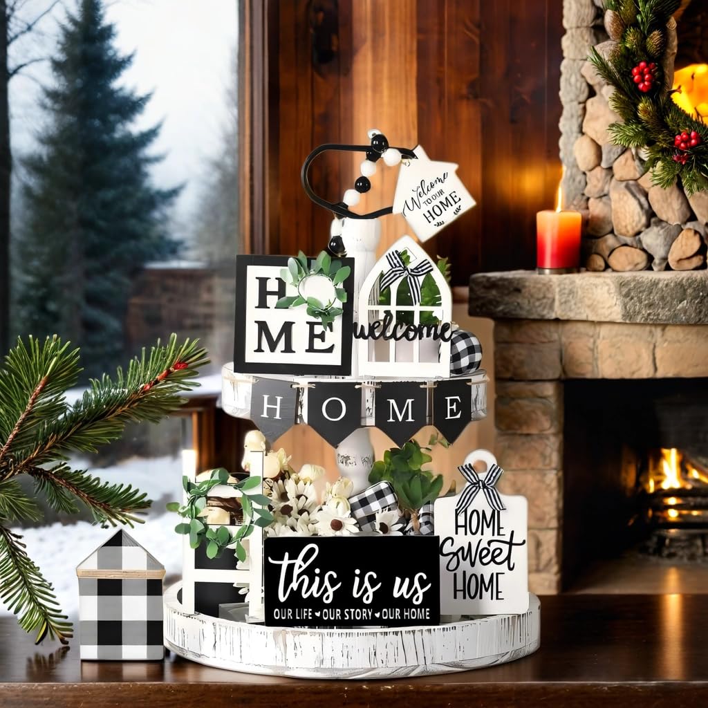 NJXJKGY 11PCS Farmhouse Tiered Tray Decor Set-Rustic Wooden Mini Signs and Decorations for Home and Kitchen Display (Tiered Tray Not Included) NJXJKGY