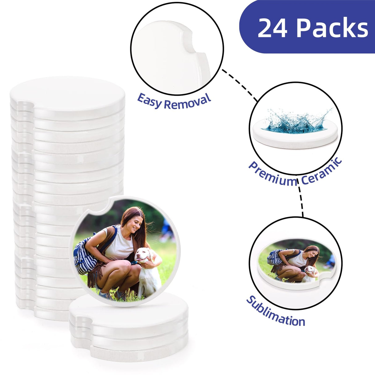 Eorbow 24 Packs Ceramic Sublimation Car Coasters, Car Blanks Cupholders with Finger Notch for Easy Removal, Absorbent Auto Cup Holders Keep Vehicle Free from Cold Drink Sweat Stain Spill Eorbow