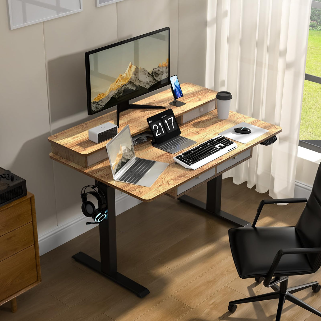 ExaDesk 48 * 30 Inches Electric Standing Widened Desk Adjustable Height with 4 Drawers, Double Storage Shelves Stand Up Desk, Home Office Workstation Sit Stand up Desk (Light Rustic Brown) ExaDesk