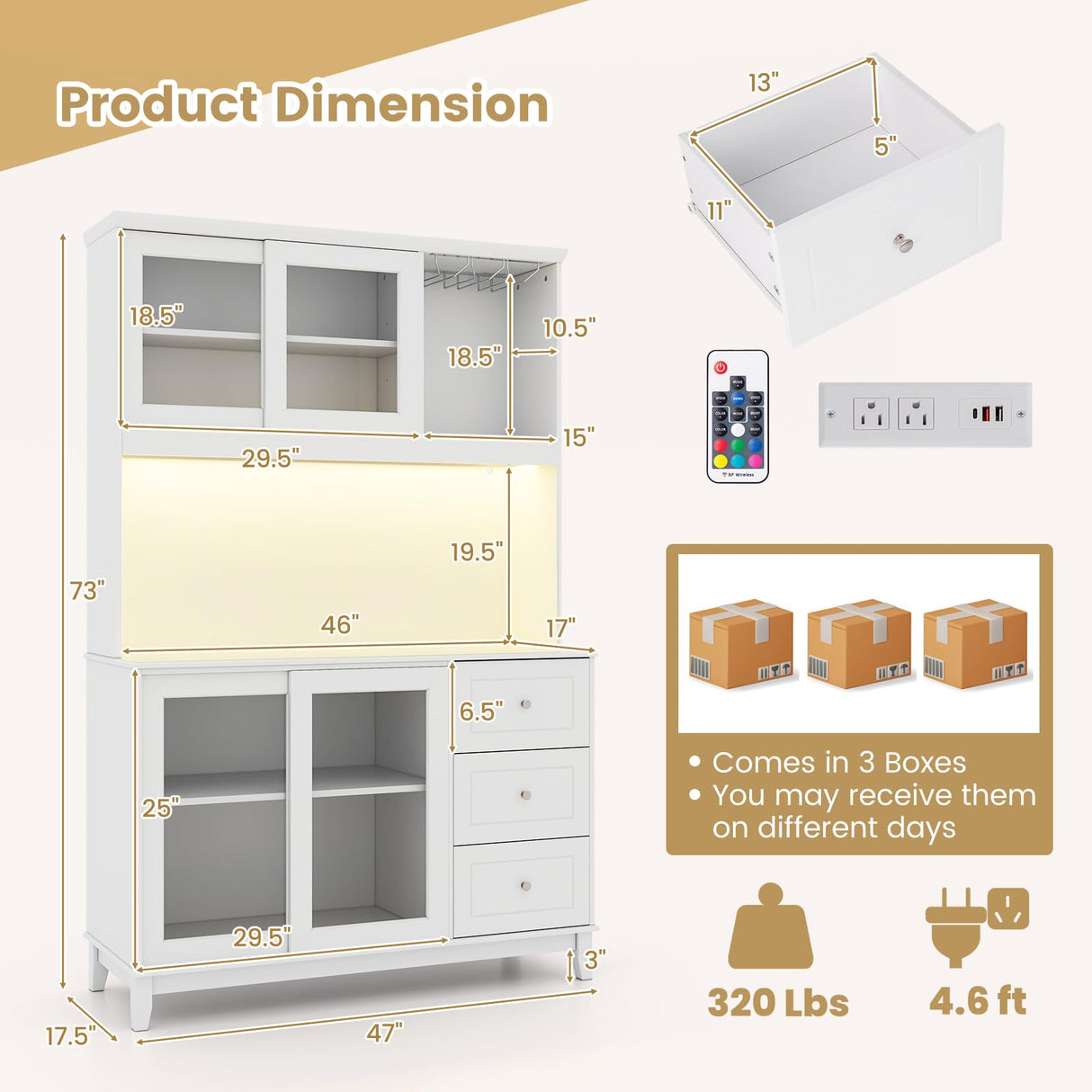 SILKYDRY 73” Kitchen Pantry Storage Cabinet, Buffet Hutch w/Power Outlets & Led Lights, Tall Cupboard w/Wine Glass Racks, Adjustable Shelves, Drawers, Microwave Stand for Dining Room (White) SILKYDRY