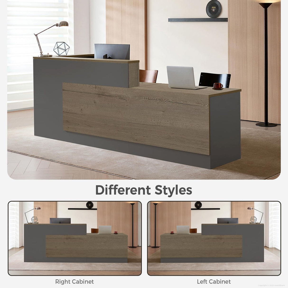 Huariifowm Modern L Shape Reception Desk with Counter,Stylish Front Desk Reception Counter with Drawers, Open Shelves, and Keyboard Tray (Tobacco Wood+Iron Gray/Right, 79" L*24" W*41" H) Huariifowm
