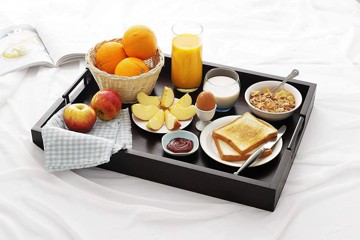 Ottoman Tray, Acacia Wood Serving Tray with Metal Handles, 16.5x12.5in Food Drinks Tray for Coffee Table, Breakfast, Dinner & Bar, Rustic Decorative Storage Tray for Ottoman, Kitchen, Packaging RAKYTO