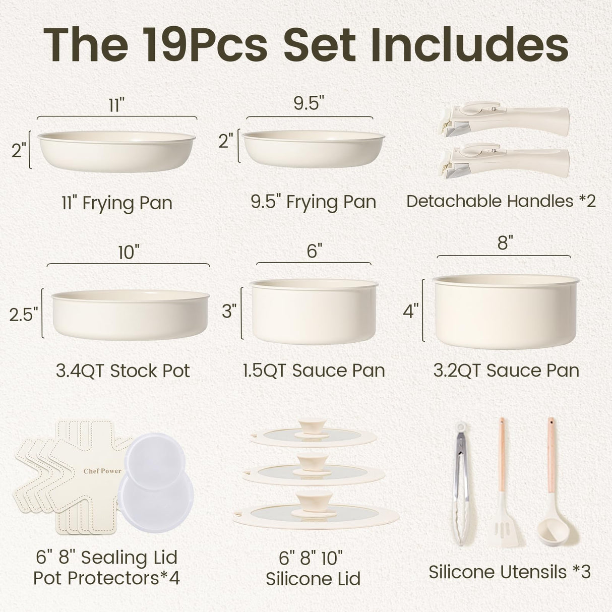 Chef Power Ceramic Cookware Set Non Toxic with Detachable Handles, Healthy Nonstick Pans and Pots Set 19 Pcs, Induction Dishwasher Oven Safe Kitchen Set, PFAS PFOA & PTFE Free, Cream White Chef Power