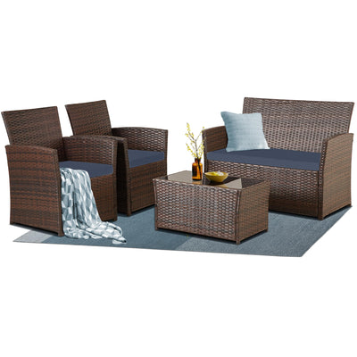 HYDRAGARDEN 4 Piece Outdoor Furniture Set, Patio Wicker Sectional Sofa with Tempered Glass Coffee Table and Cushions, Rattan Conversation Set for Garden Backyard Balcony (Brown Rattan-Blue Cushion)