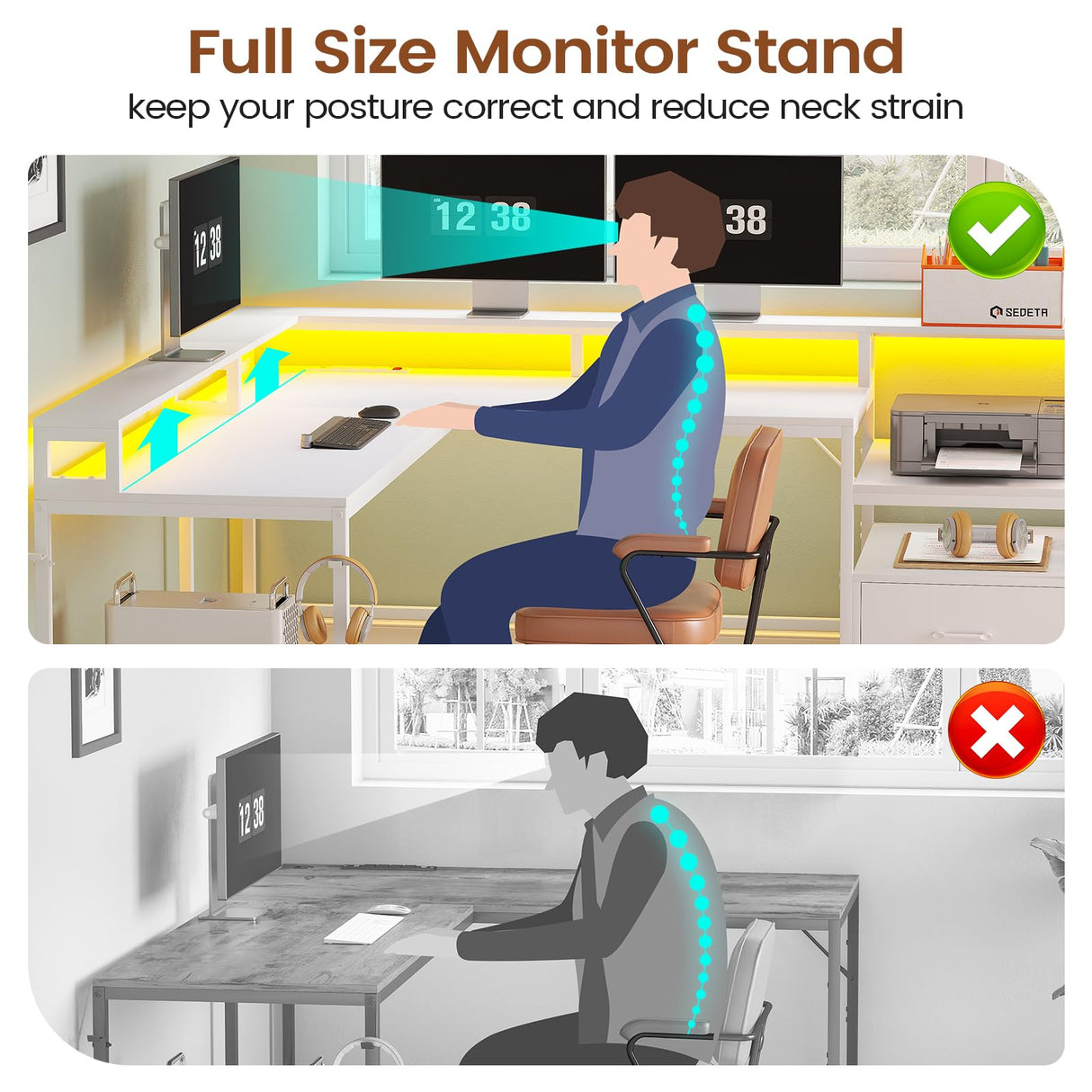 SEDETA White L Shaped Gaming Desk, 66" Home Office Desk with File Drawer, Power Outlet and Led Lights, Corner Computer Desk with Monitor Shelf, Printer Storage Shelves, for Two Person SEDETA