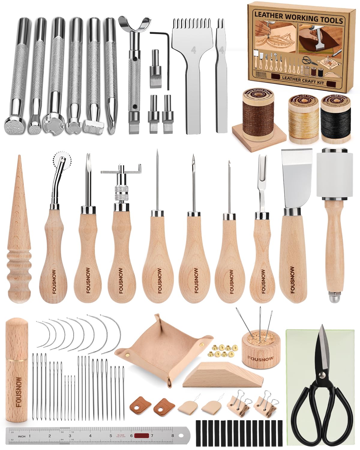 FOUSNOW Leather Working Kit Leather Working Tools, Ergonomically Leathertooling Kit Crafting Supplies with Swivel Knife for Stamping Cutting Punching Stitching Scraping Sewing Polishing Crafts FOUSNOW