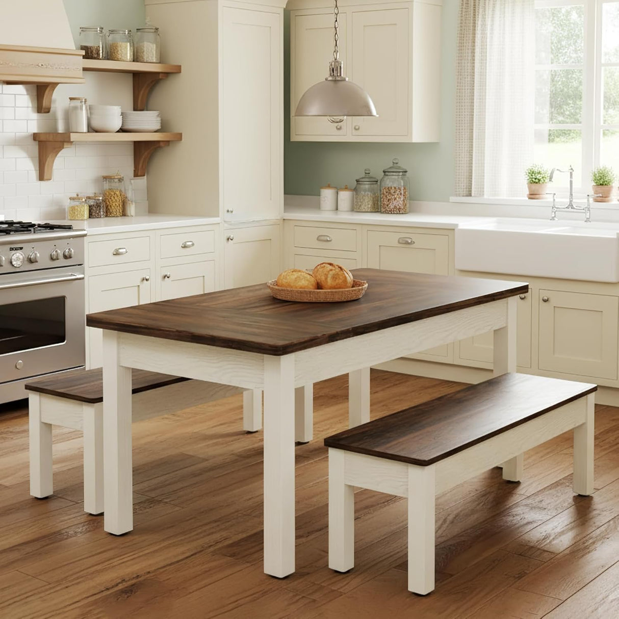 Tribesigns 55-Inch Kitchen Table Set for 4-6 People, Farmhouse Space Saving Dining Table with 2 Benches, 3 Pieces Wooden Dinette Set for Small Space, Breakfast Nook, Restaurant (White and Brown) Tribesigns