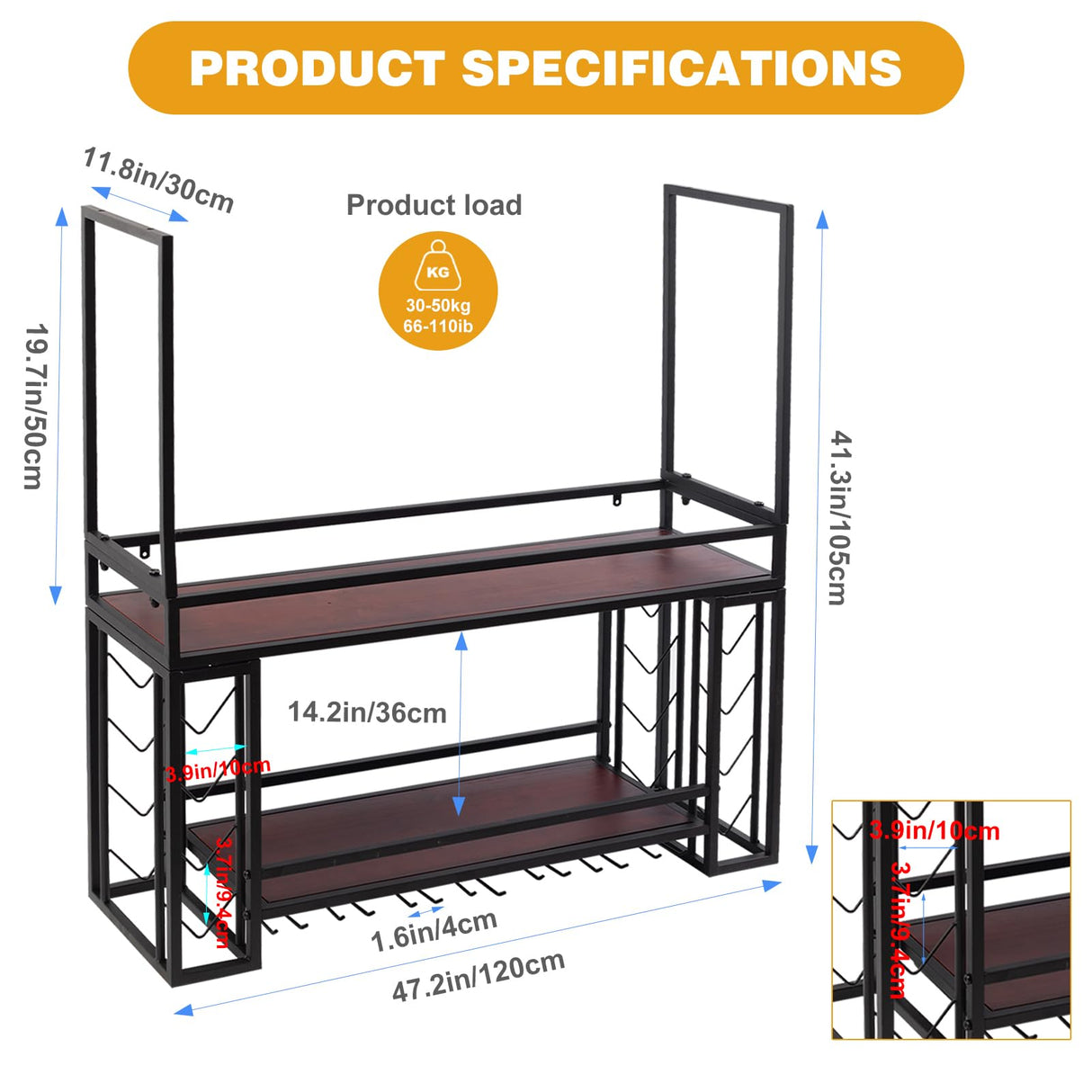 Ceiling Wine Glass Rack - Wine Rack Wall Mounted with Glass Holder, 2 Layer Industrial Hanging Wine Bottle Holder with LED, Wine Storage Display Shelf for Home Bar Dining Room Kitchen (Black, 47.2in) KEPMOGOH
