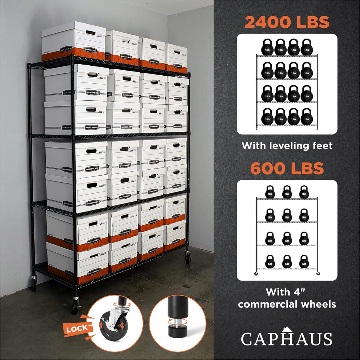 CAPHAUS 4-Tier Commercial Grade Heavy Duty Adjustable Height Wire Shelving w/Wheels & Leveling Feet, Storage Metal Steel Shelf, Garage Shelving CAPHAUS