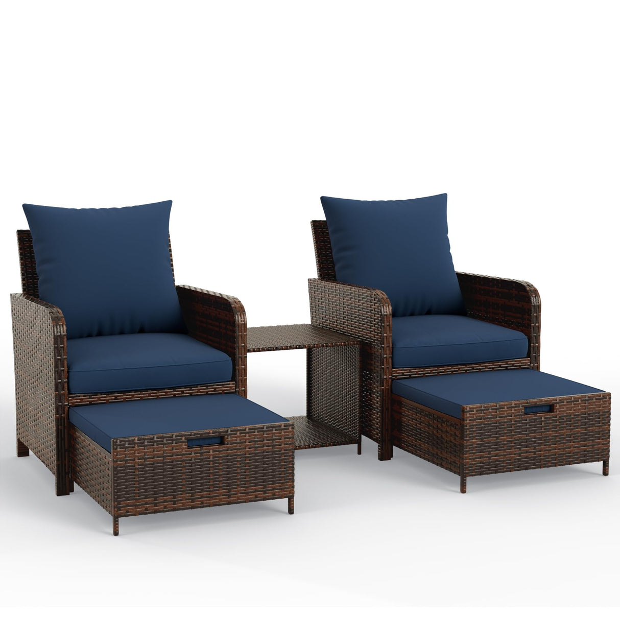 UDPATIO 5 Piece Patio Furniture Set, Outdoor Patio Conversation Rattan Chair with Ottomans w/Storage Coffee Table for Patio, Space Saving Design for Balcony Poolside Front Porch Deck, Navy UDPATIO