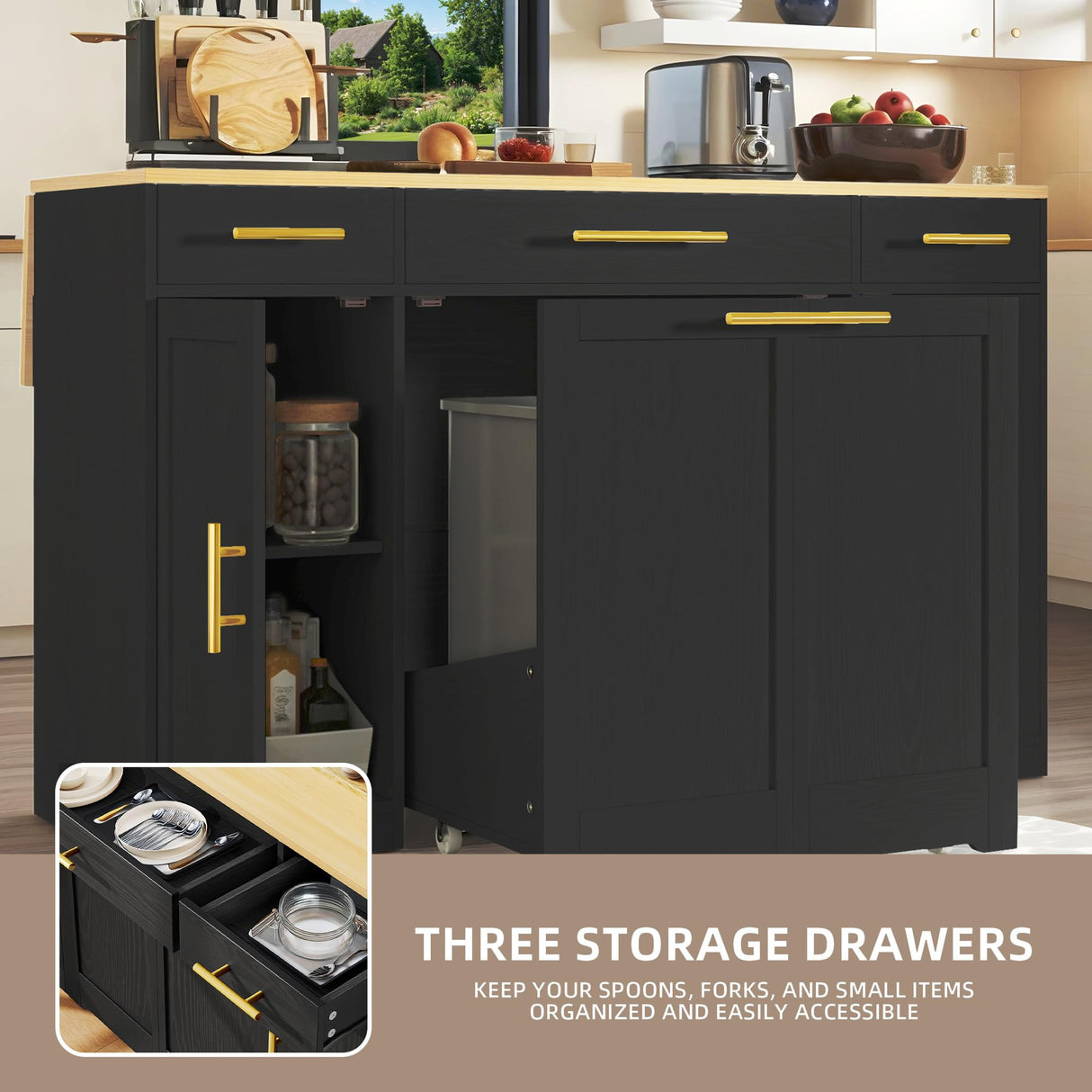 YITAHOME Kitchen Island with Drop Leaf, 55 inch Rolling Kitchen Carts, Modular Pull Out Trash Can Cabinet Fits Double 10-Gallon Garbage Bin, Mobile Island Table with 3 Drawers for Dining Room, Black YITAHOME