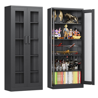 AFAIF Glass Display Cabinet with 4 Adjustable Shelves, 67”H Metal Curio Cabinets with Glass Door, Black Liquor Caninet Display Case for Home, Collectibles, Clinic, Living Room - Assembly Required