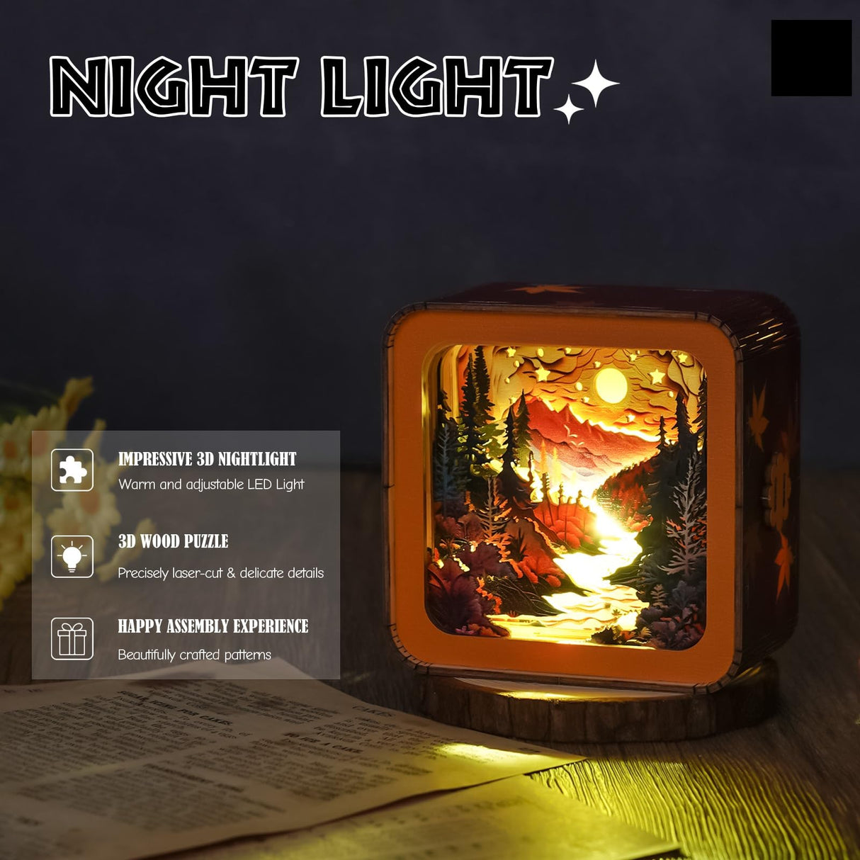 3D Puzzle Nightlight-DIY LED Light Wooden Puzzle-Art Lamp and Craft Kits for Kids and Adults-Birthday Gifts Toys-Home Desk Decor Family Game (Autumn Forest) Welsky
