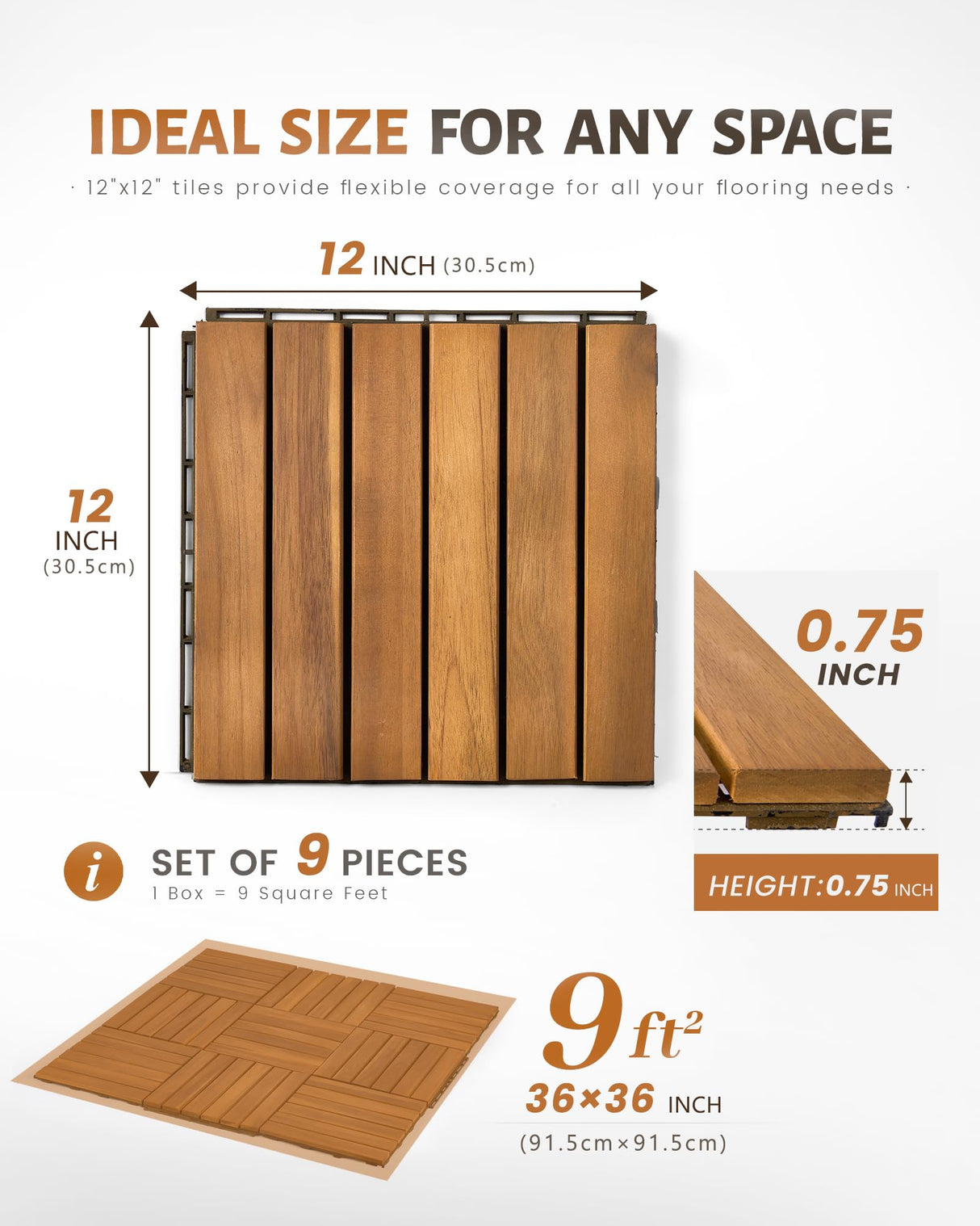 Upolana 9 PCS Interlocking Deck Tiles 12" x 12", 6 Slats Outdoor Flooring Acacia Wood Patio Tiles, Waterproof Patio Flooring Decking for Balcony Backyard, Indoor and Outdoor Use Upolana