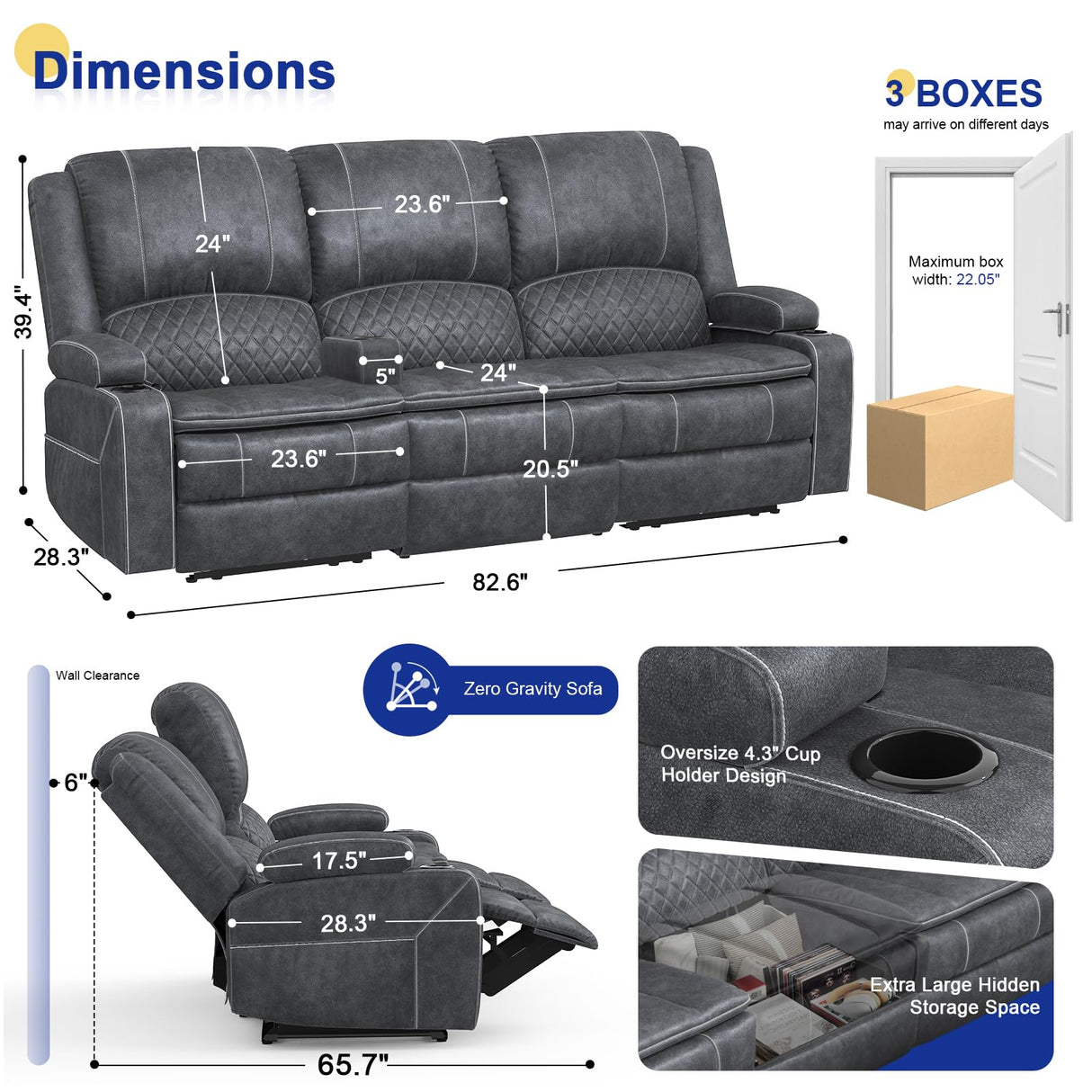 Recliner Sofa 3 Seater Sofa with Recliner, Home Theater Seating with Liftable Console & Removable Armrest, Manual Velvet Fabric Reclining Couch with Cup Holders & USB Ports for Living Room/RV (Grey) MOSGAT