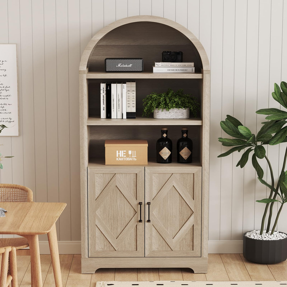 71" Tall Arched Bookcase with Storage, 5 Tier Mid-Century Modern Arched Cabinet with Doors, Farmhouse Wood Kitchen Pantry Cabinet with Open Adjustable Shelves, Bookshelf for Living Dining Room Sunny Heart