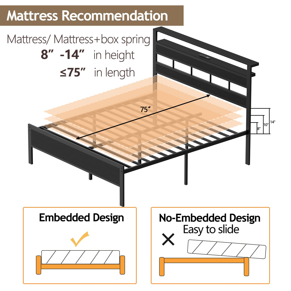 Furnulem Queen Bed Frame with Storage Headboard and LED Lights, Metal Bedframe with Charging Station and USB Port, Queen Size Platform Bed with Heavy Duty Slats, No Box Spring Needed, Black Oak Furnulem