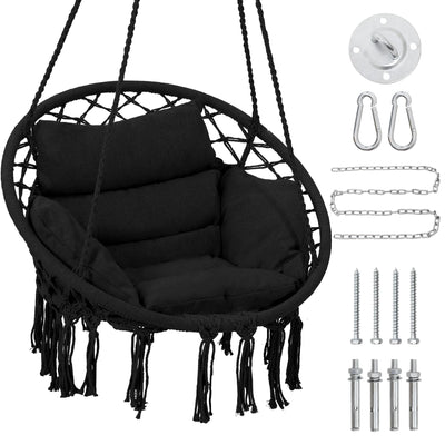 KROFEM Macrame Hammock Hanging Swinging Chair with Medium Cushion, Perfect for Bedroom, Porch, Adults, Balcony, Black
