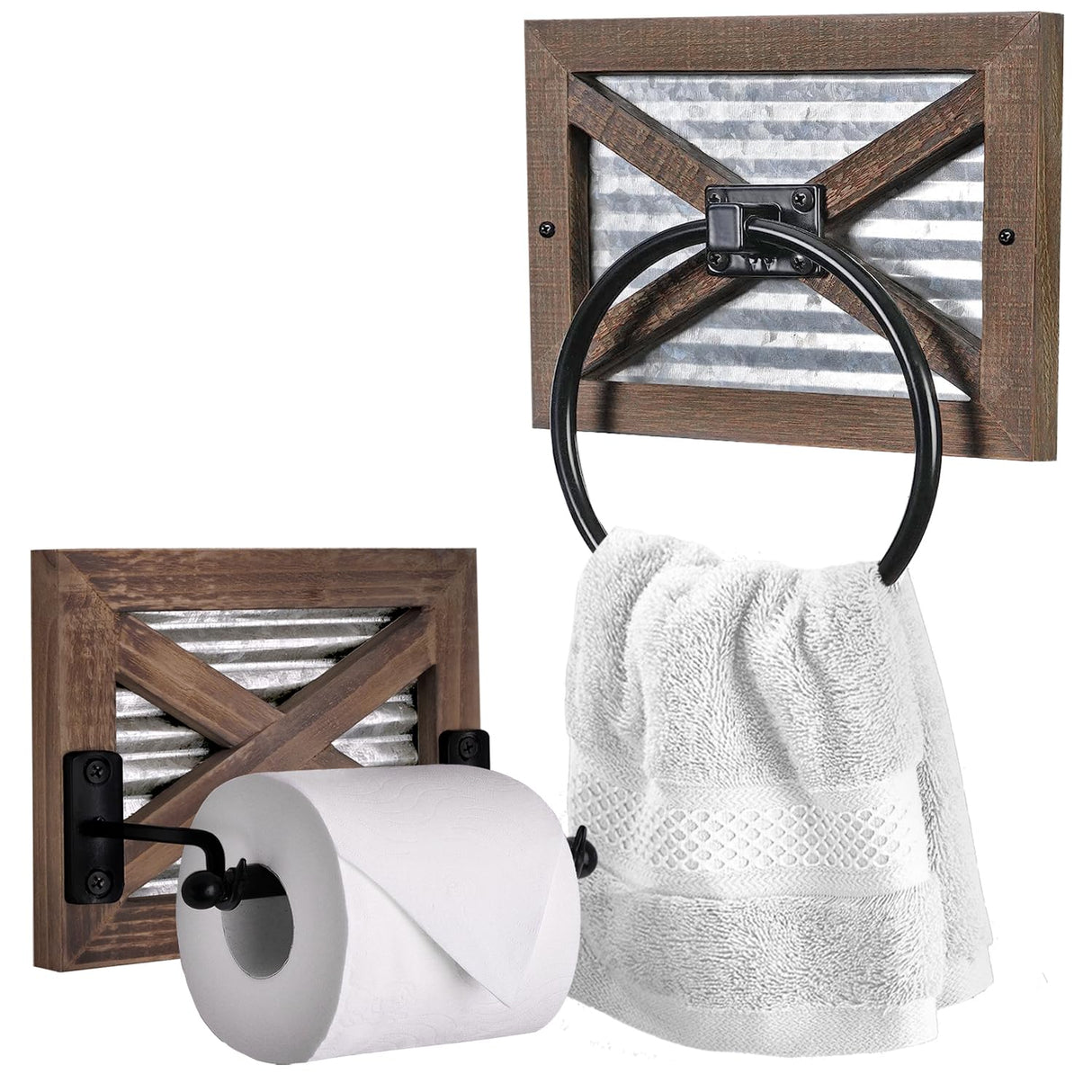 Autumn Alley Farmhouse Toilet Paper Holder and Rustic Towel Holder Set, Wall Mount, Rustic Wall Toilet Paper Holder and Bathroom Hand Towel Holder Decor, Wooden Brown Autumn Alley