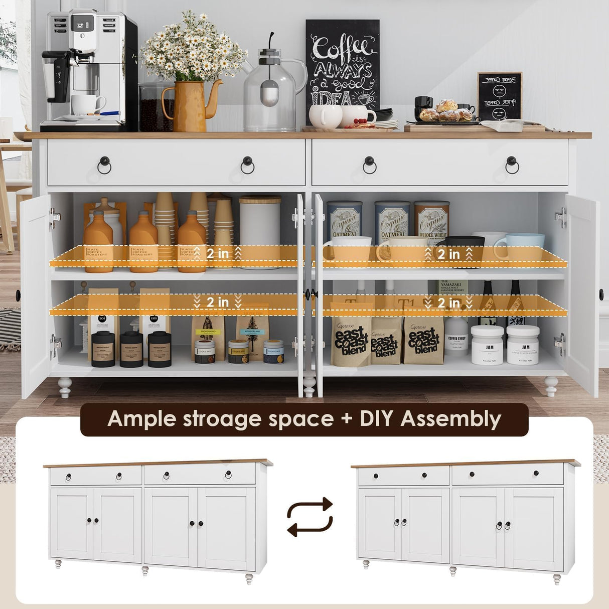 4 EVER WINNER Buffet Cabinet with Storage, 55" Sideboard Buffet Cabinet with 2 Drawers and 4 Doors, Modern Farmhouse Coffee Bar Cabinets, Wood Buffet Table for Kitchen, Dining Room, White 4 EVER WINNER