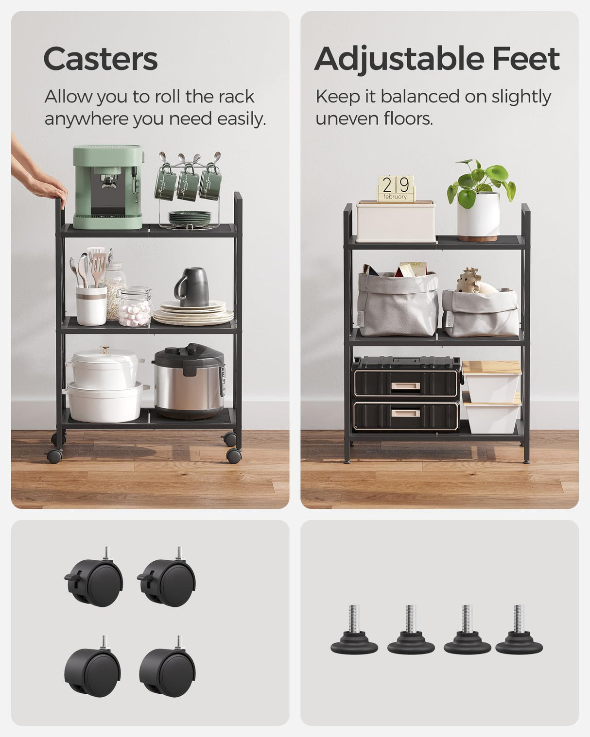 SONGMICS 3-Tier Metal Storage Rack with Wheels, Mesh Shelving Unit with X Side Frames, 23.6-Inch Width, for Entryway, Kitchen, Living Room, Bathroom, Industrial Style, Black UBSC163B01 SONGMICS