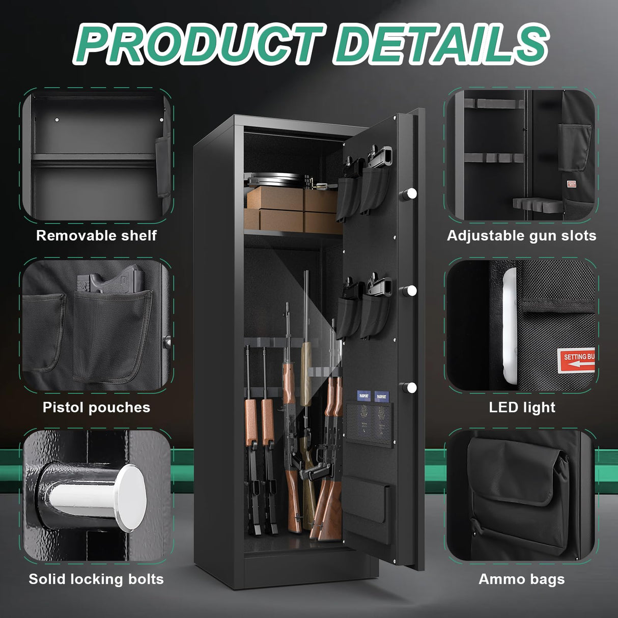 BONANO 8-10 Gun Safe, Gun Safe for Rifles and Pistols, Fireproof Gun Safes for Rifles with Digital Keypad, Quick Access Rifle Safe with Adjustable Gun Rack and Pistol Pouch, Gun Cabinet for Home BONANO