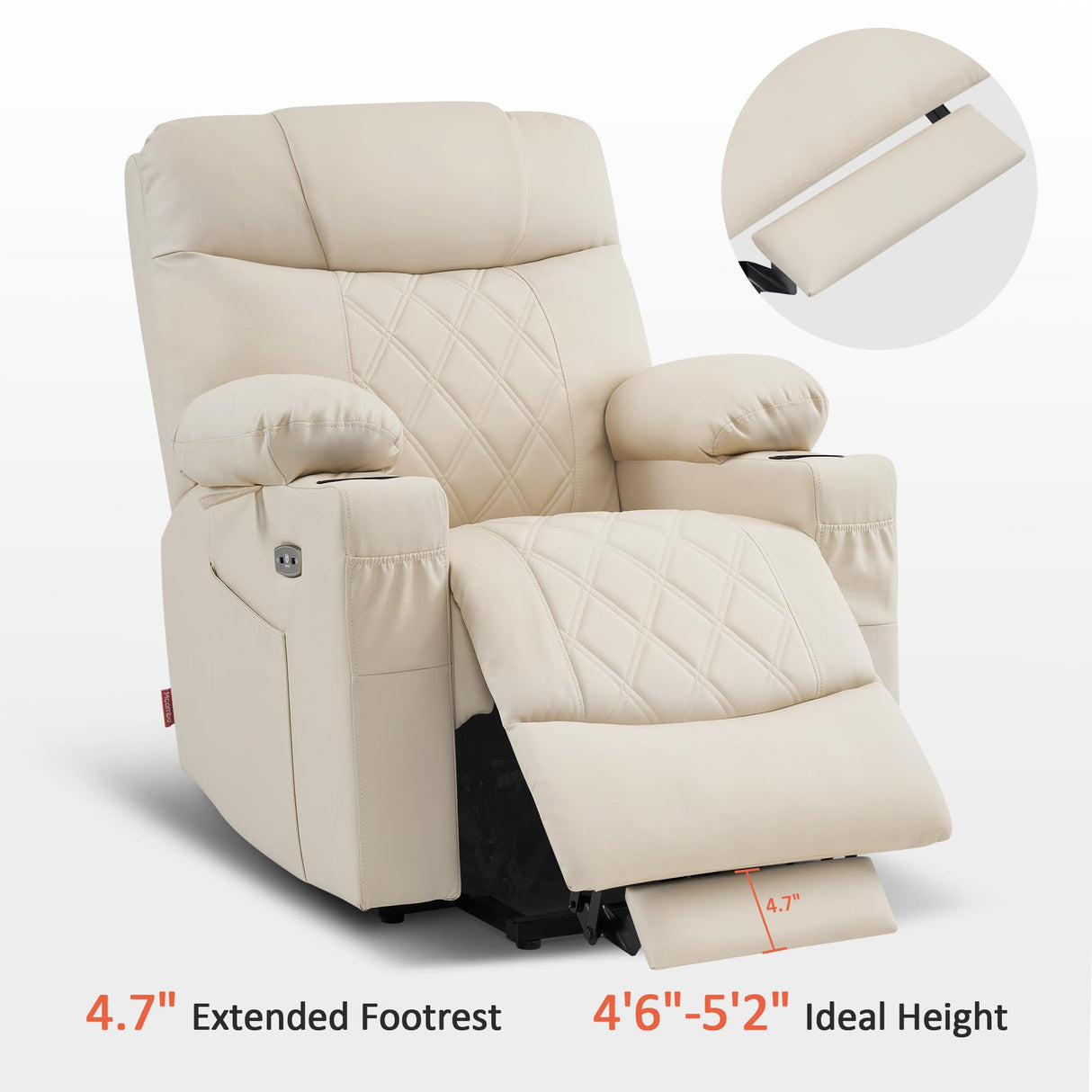 MCombo Small Size Power Lift Recliner Chair Sofa with Massage and Dual Heating, Adjustable Headrest for Elderly People Petite, USB Ports, Extended Footrest, Faux Leather 7111 (Cream White) MCombo