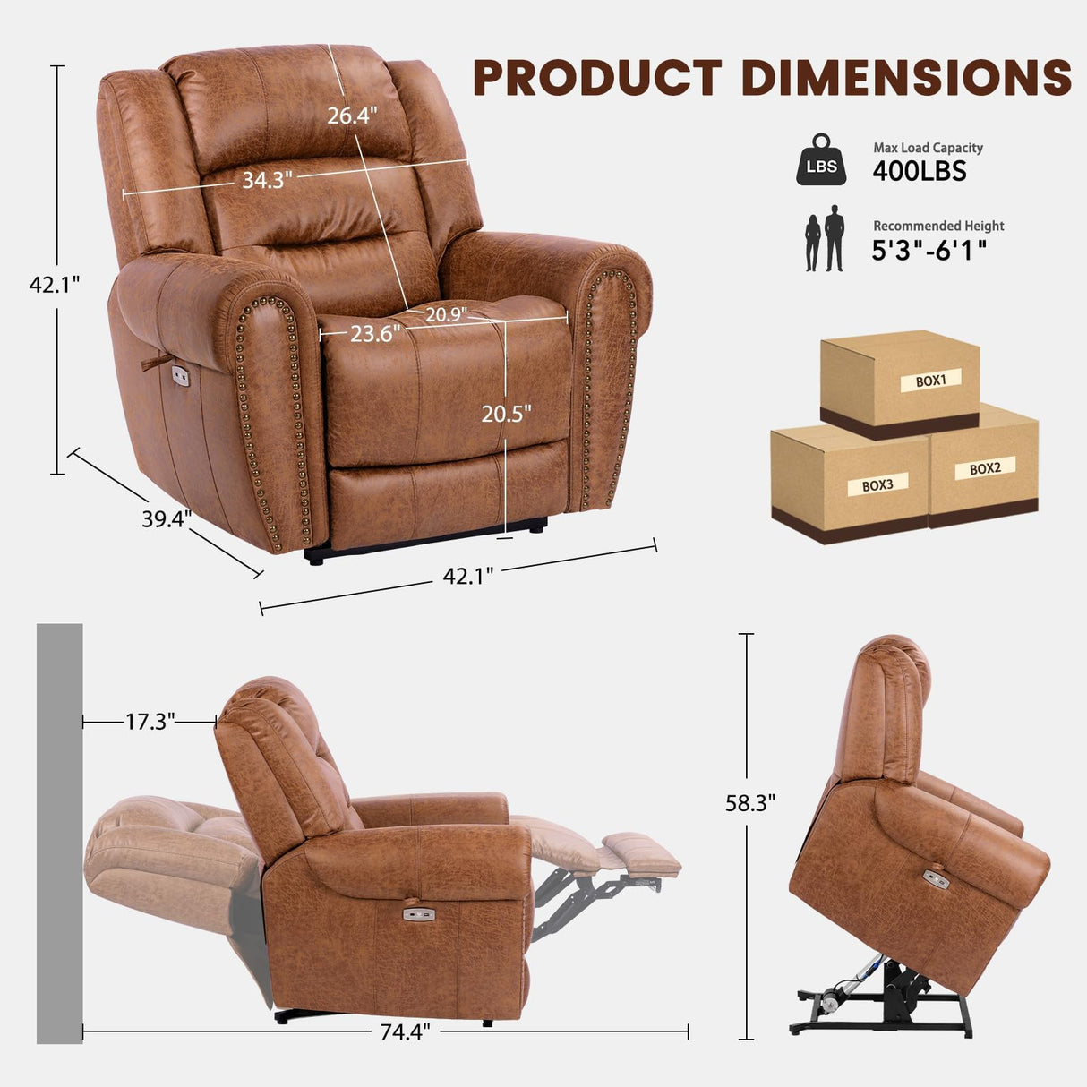 EONIX Classical Large Power Lift Recliner Chair for Elderly with Heat and Massage, Dual Motor Lay Flat Electric Lift Chair Recliner for Adults, Living Room, Bedroom, SLRY005061, Nut Brown EONIX