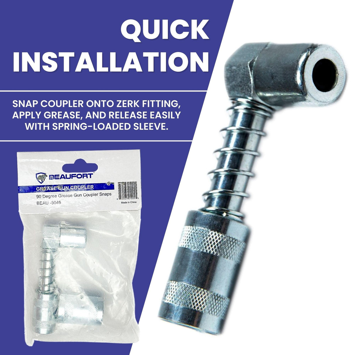 Grease Gun Coupler - 90 Degree Grease Coupler Snaps on to Grease Fittings in Tight Spaces - Joint - High Pressure Grease Nozzle Fittings - BEAU-5046 BEAUFORT