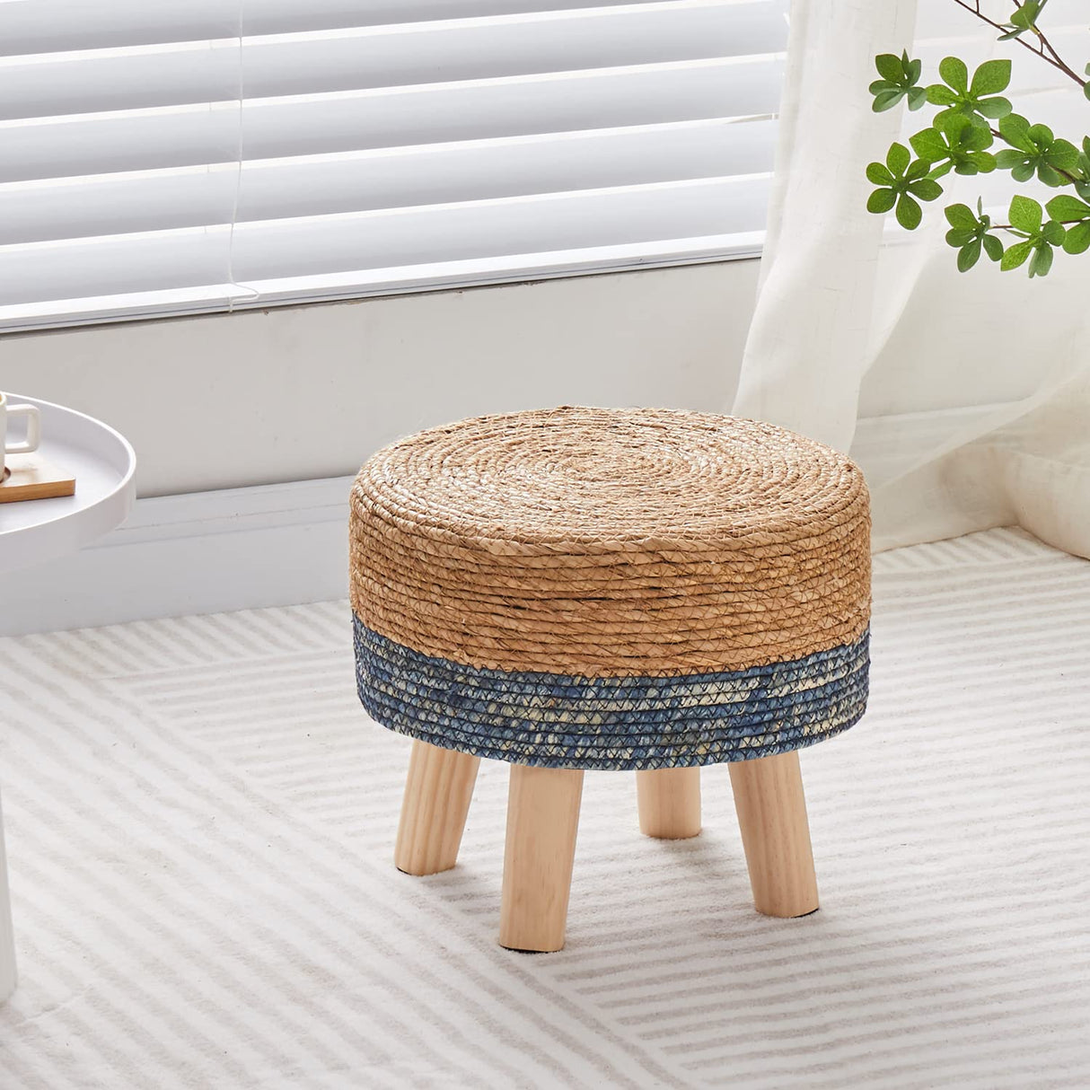 Wimarsbon Round Foot Stool Natural Seagrass Poufs Ottoman Hand Weave Footrest Stool for Couch Desk Extra Seat Step Stool with Solid Wood Legs for Hallway Patio Lounge Blue Wimarsbon