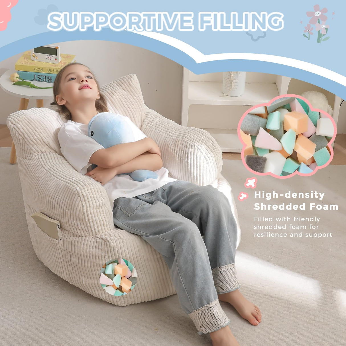 MAXYOYO Kids Bean Bag Chair, Stuffed Toddler Bean Bag Sofa with Filler Bean Bag Chair for Boys and Girls, Lazy Sofa with Pocket Floor Chair for Gaming, Reading, Beige MAXYOYO