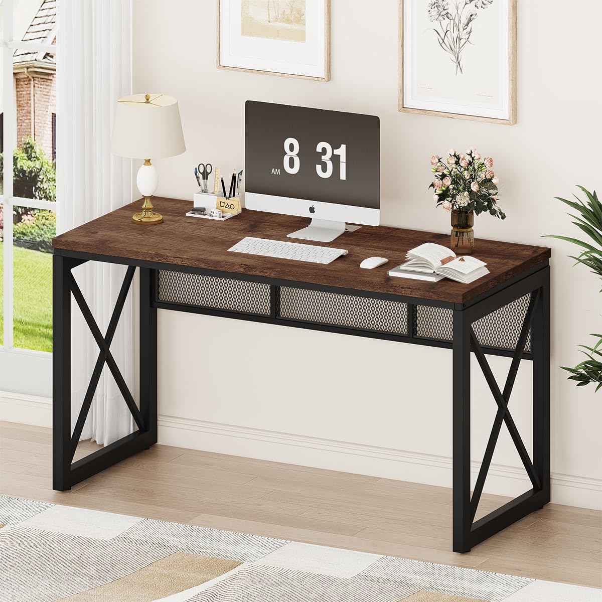 BON AUGURE Farmhouse Computer Desk, Modern Industrial Home Office Desks, Wood Metal Study Writing Table, Sturdy Gaming Desk (Rustic Oak, 54 Inch) BON AUGURE