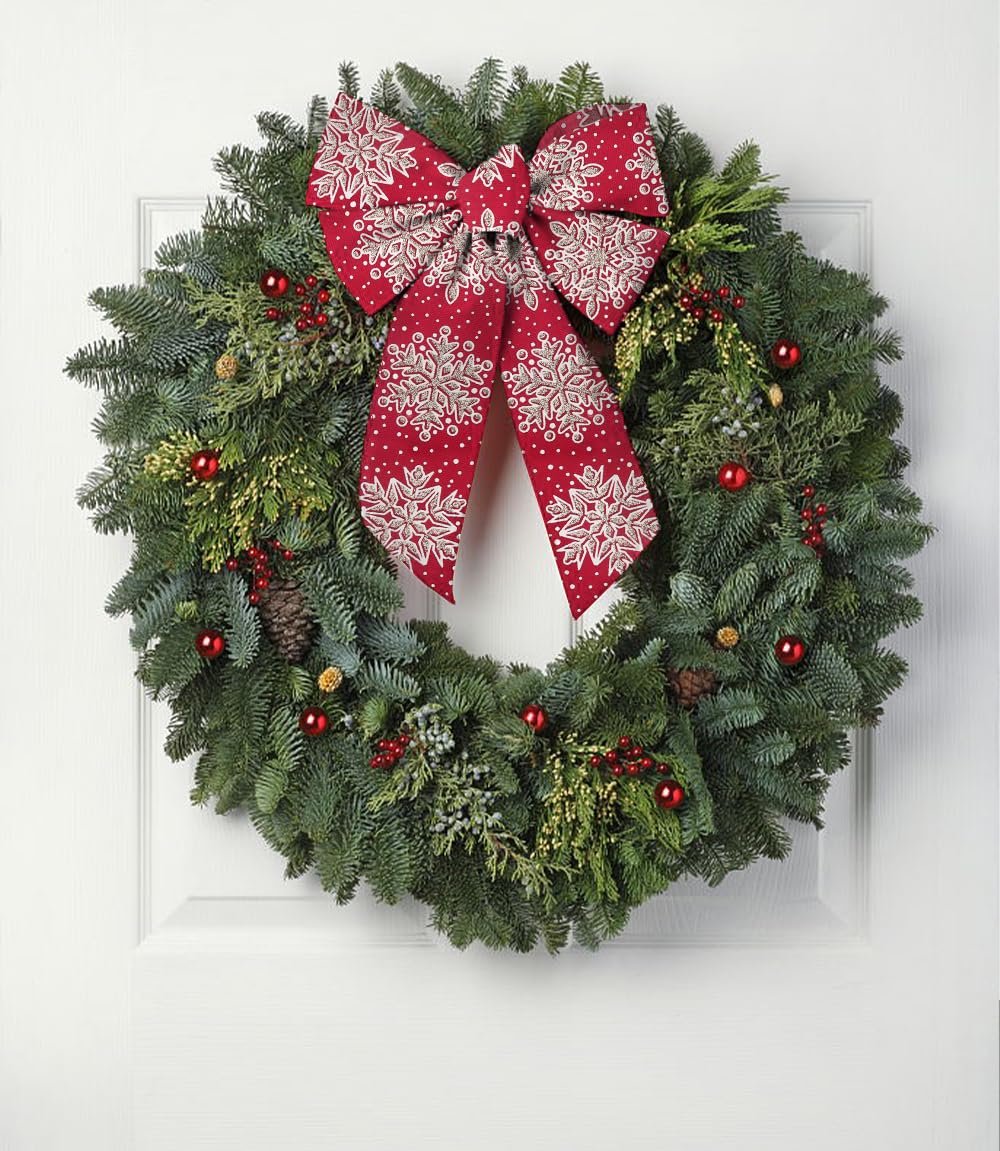 Estivaux 2 Rolls Christmas Ribbons for Crafting, Xmas Wired Edge Ribbon Red White Burlap Ribbon Bow Winter Holiday Snowflake Wired Ribbons for Gift Wrapping Christmas Sewing DIY Crafts Supplies Estivaux