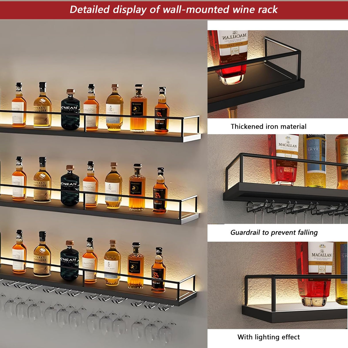 63in Wall-Mounted Metal Wine Rack with LED Lights 3-Tier Floating Bar Shelves with Wine Glass Rack Large Wine Bottle Display Rack Hanging Shelf, for Home Bar Dining Room Decorative (black, 160cm/63in) Dawselod