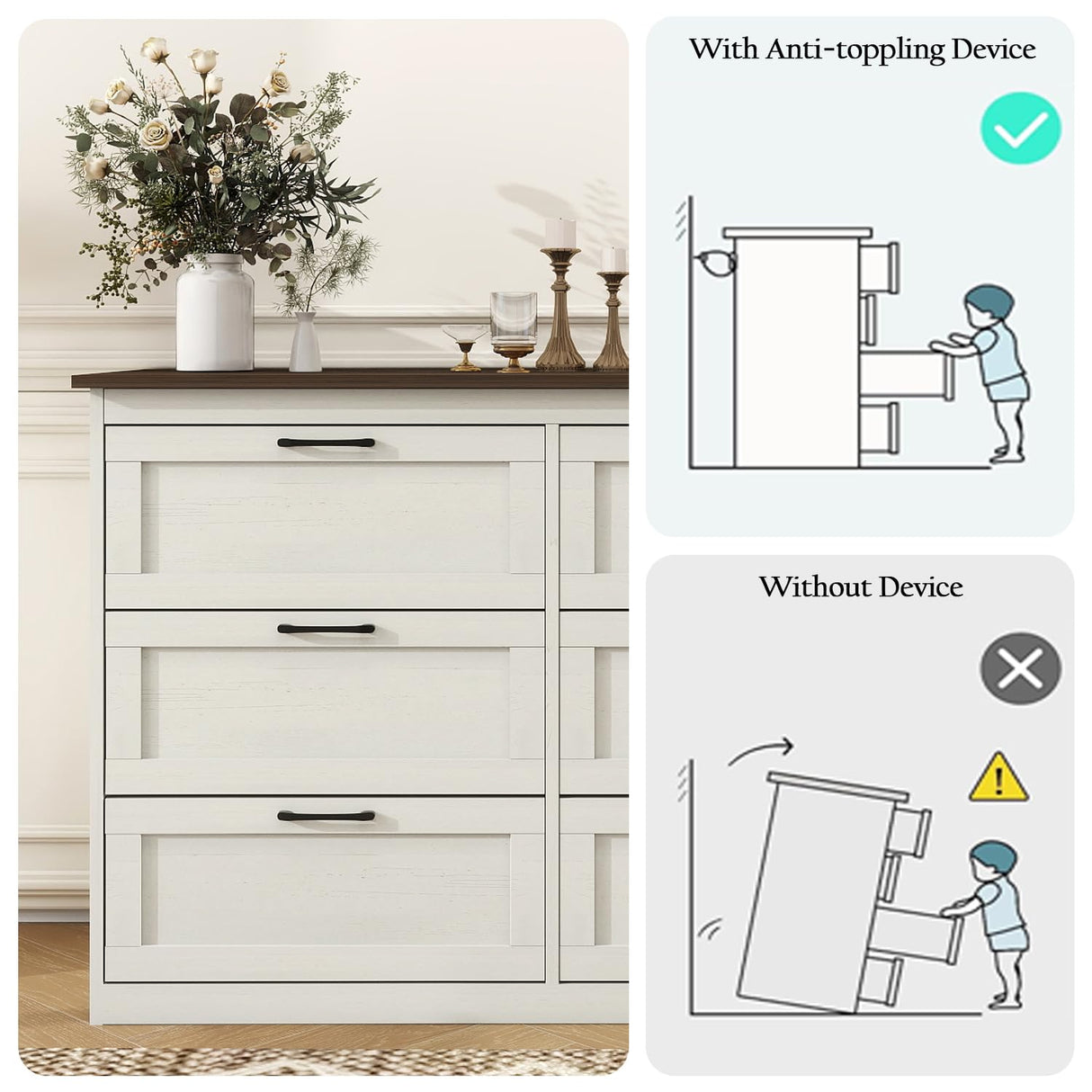 Vikiullf 6 Drawer Dresser - Farmhouse Dresser for Bedroom, Wooden Chest of Drawers, Storage Drawers for Bedroom, Living Room, Hallway, Entryway Organizer, Rust Oak White Vikiullf