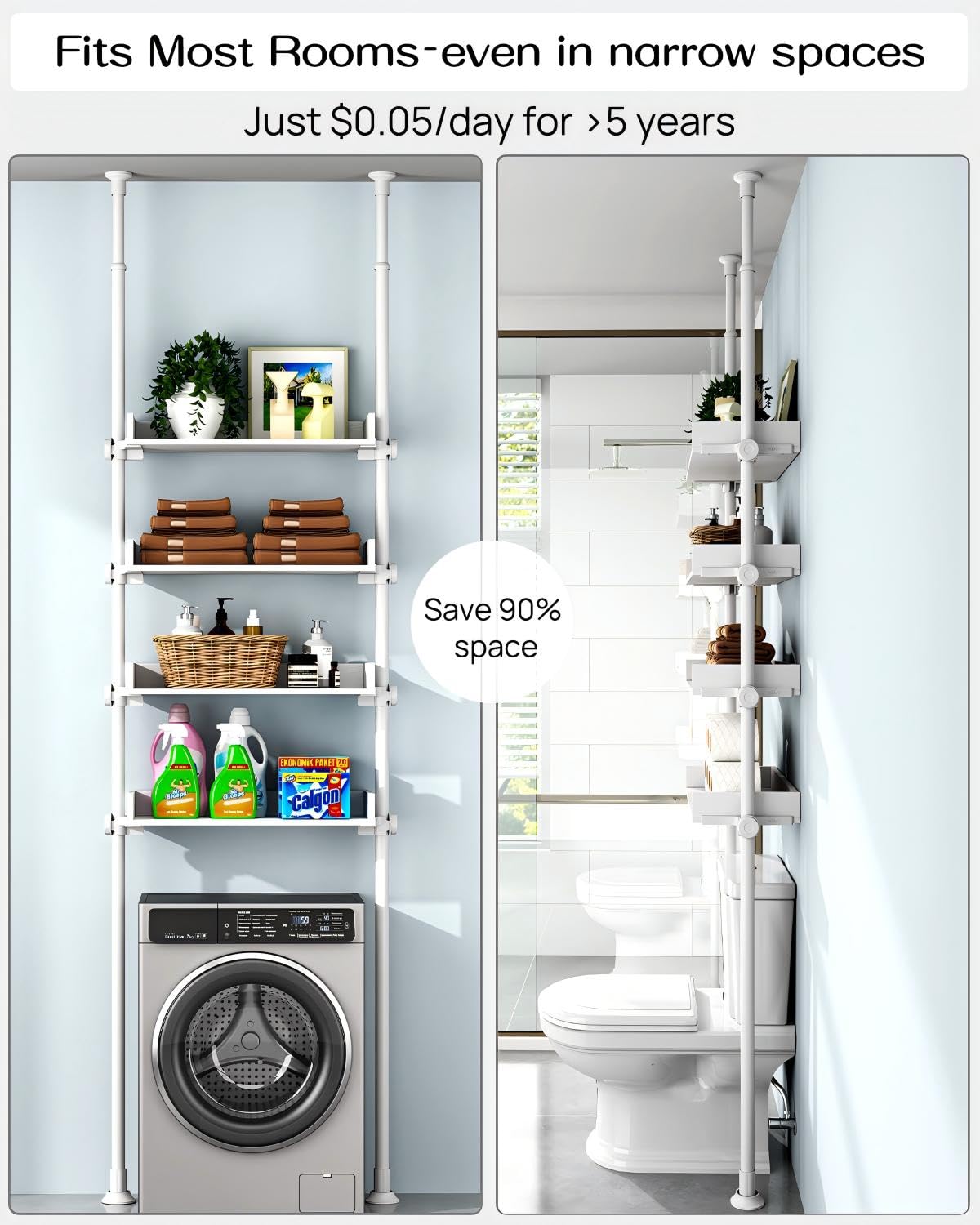 ALLZONE 4 Tier Over The Toilet Storage, Adjustable Wood Over Toilet Bathroom Organizer, Freestanding Shelves, Fit Most Showers Over The Toilet Shelf, 92 to 116 Inch Tall, White ALLZONE