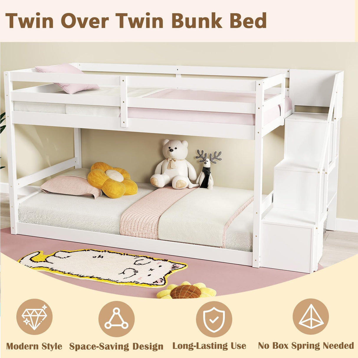KOMFOTT Wood Twin Over Twin Low Bunk Bed with Storage Staircase, Wooden Bunk Bed Frame with Full-Length Guardrails, Low Profile Bunk Bed with Slats Support, No Box Spring Needed (White) KOMFOTT