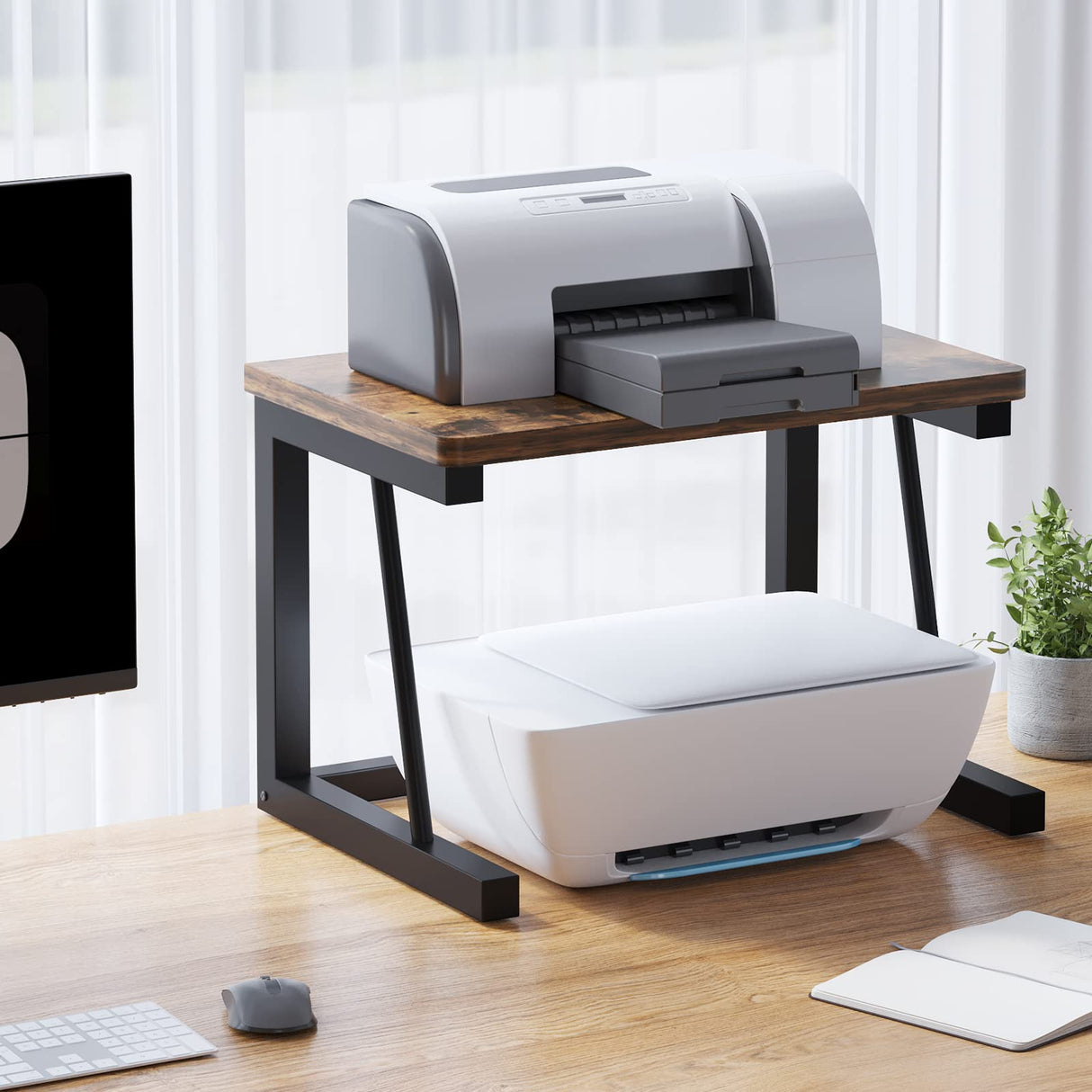 WRITECRY Desktop Printer Stand, 2-Tier Wood Rustic Printer Shelf for 3D & Laser Printer, Scanner, Copier, Durable Small Space Storage Organizer for Home Office Kitchen (2-Tier, Brown) WRITECRY