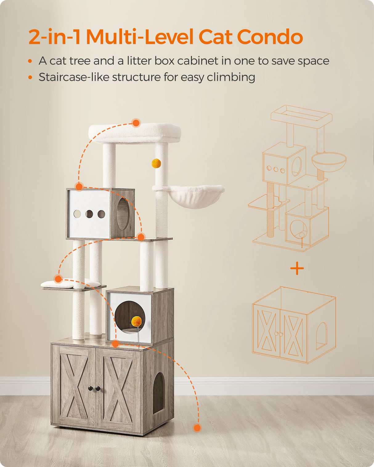 Feandrea Cat Tree with Litter Box Enclosure, 2-in-1 Modern Cat Tower, 72.8-Inch Tall Cat Condo with Scratching Posts, Perch, Caves, Basket, Washable Cushions, Heather Greige UPCT116G01 Feandrea